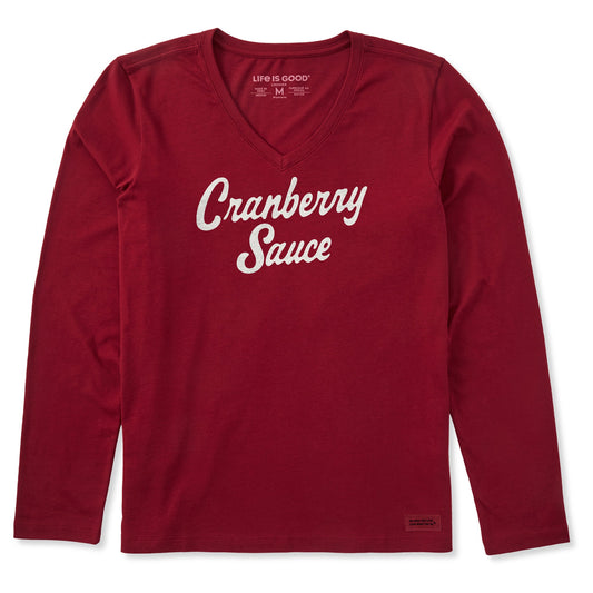 Women's Cranberry Sauce Script Long Sleeve Crusher Vee