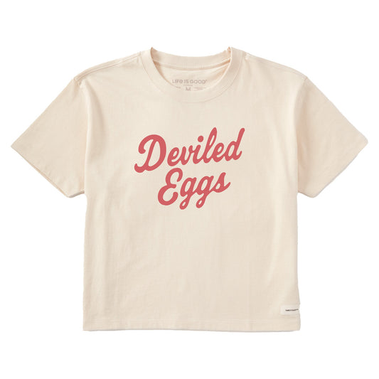 Women's Deviled Eggs Script Short Sleeve Crusher Boxy Tee