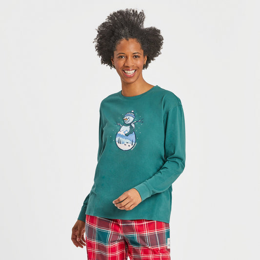 Women's Snowman Winter Landscape Long Sleeve Snuggle Up Sleep Tee