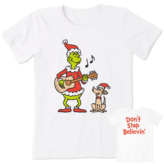 Women's Grinch and Max Dont Stop Believin Short Sleeve Crusher Tee