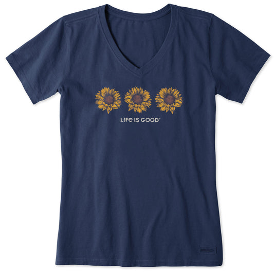 Women's Three Artistic Sunflowers Short Sleeve Vee