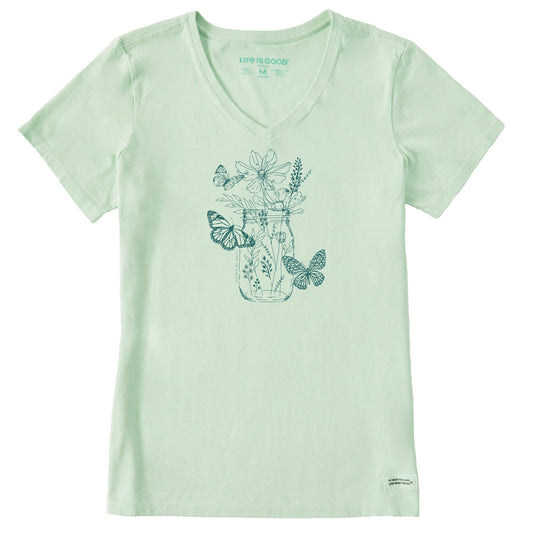 Women's Wildflower and Butterflies Jar Short Sleeve Crusher-LITE Vee