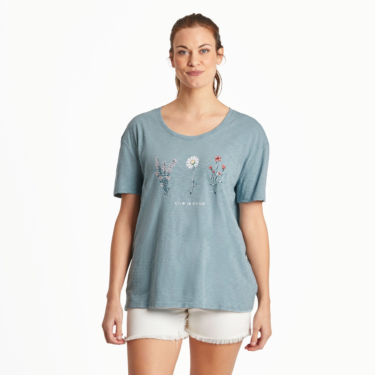 Women's Detailed Wildflowers Relaxed Fit Short Sleeve Slub Tee