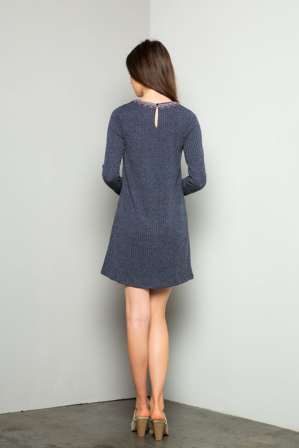 Short Long Sleeve Embroidered Rib Dress
