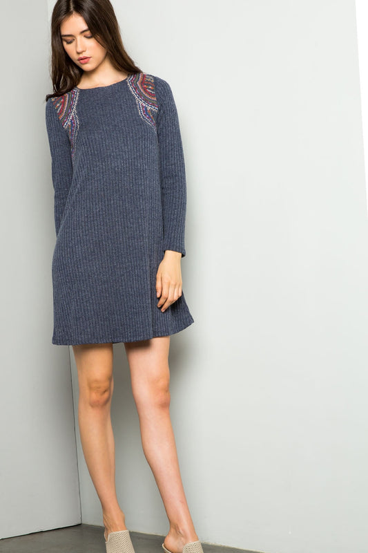 Short Long Sleeve Embroidered Rib Dress