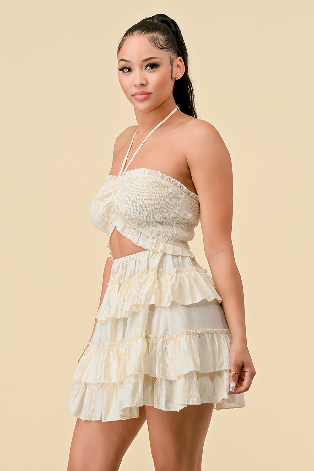 Short Halter Neck Mini Ruffle Dress