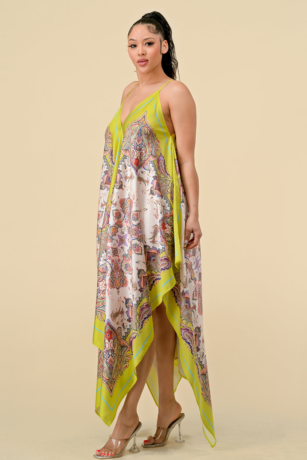Spaghetti Strap Scarf Boarder Print Dress