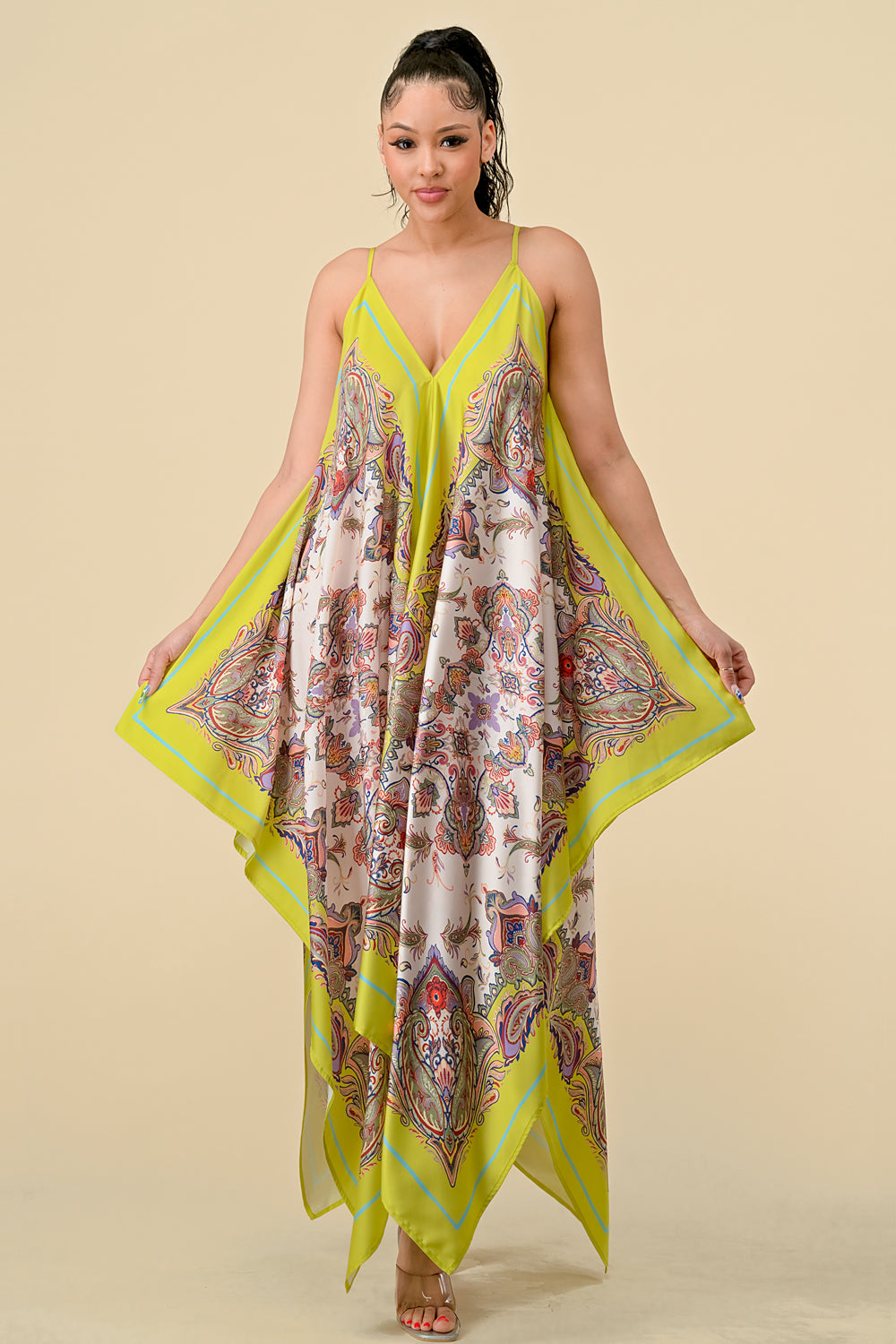 Spaghetti Strap Scarf Boarder Print Dress