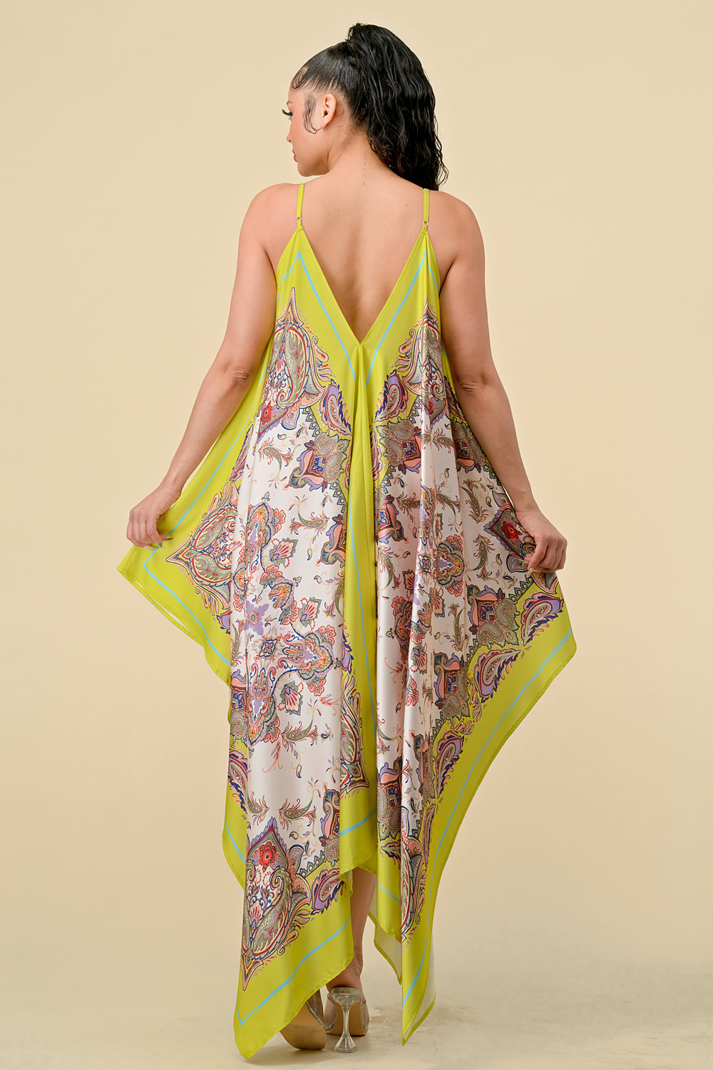 Spaghetti Strap Scarf Boarder Print Dress