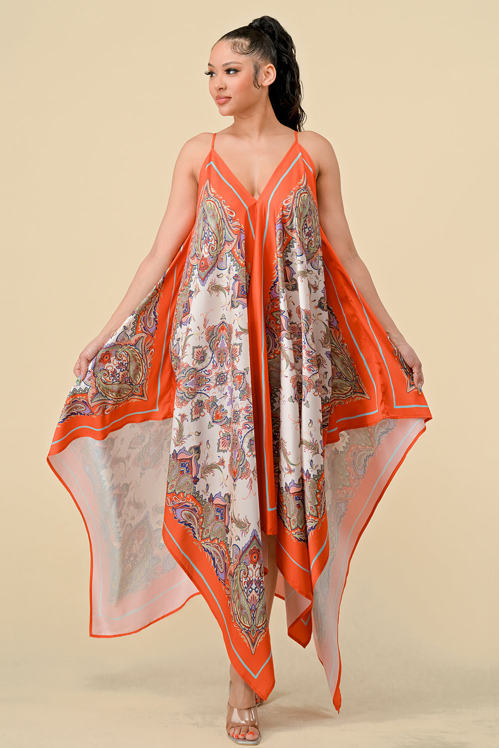 Spaghetti Strap Scarf Boarder Print Dress