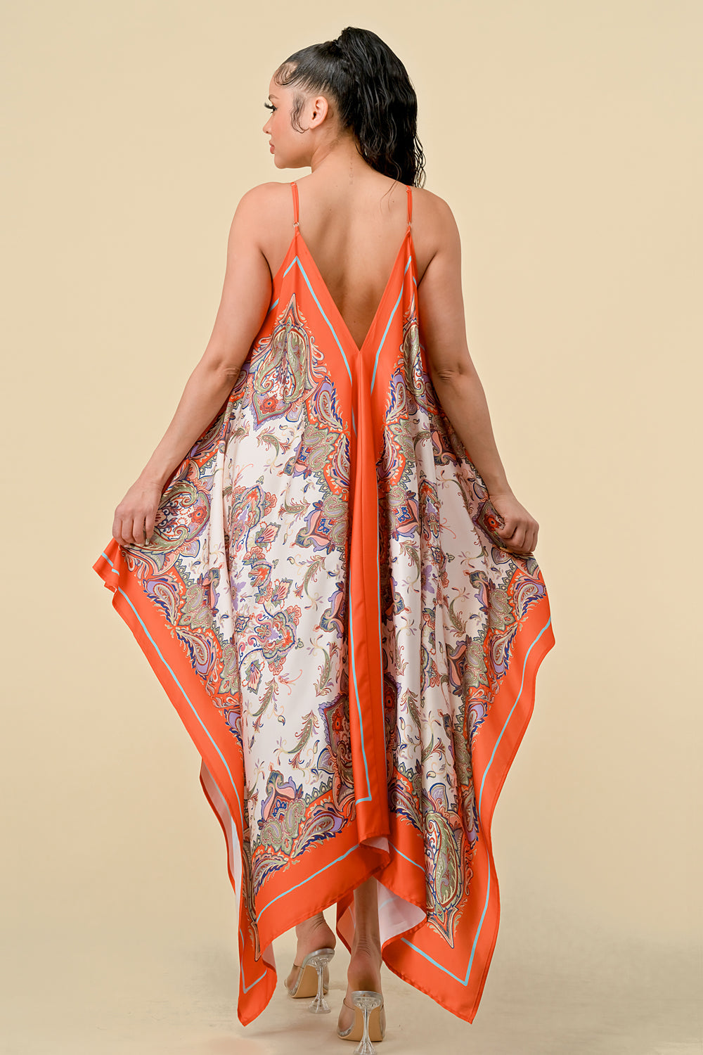 Spaghetti Strap Scarf Boarder Print Dress