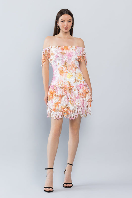 Short Off Shoulder Printed Lace Dress