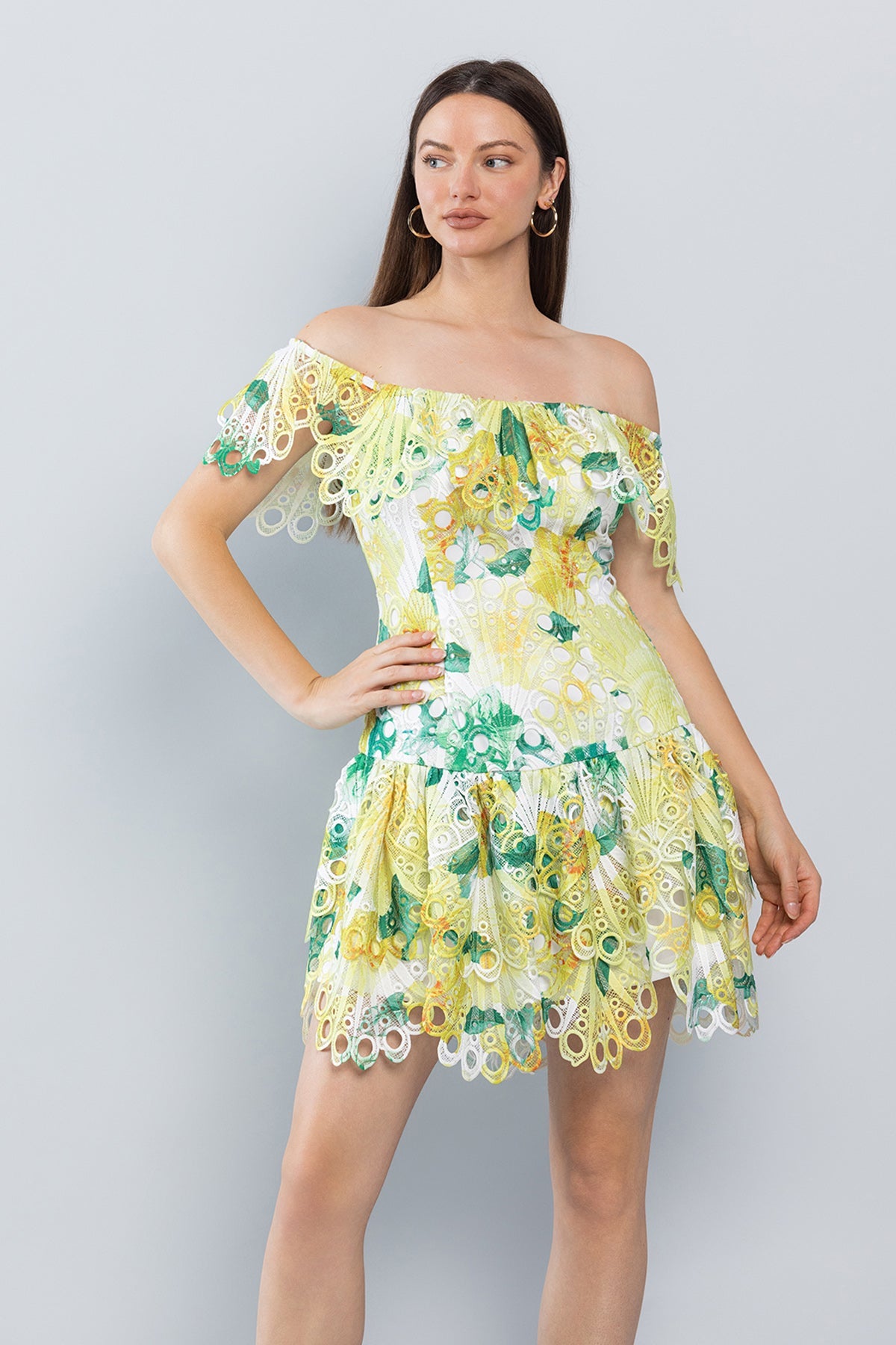 Short Off Shoulder Printed Lace Dress