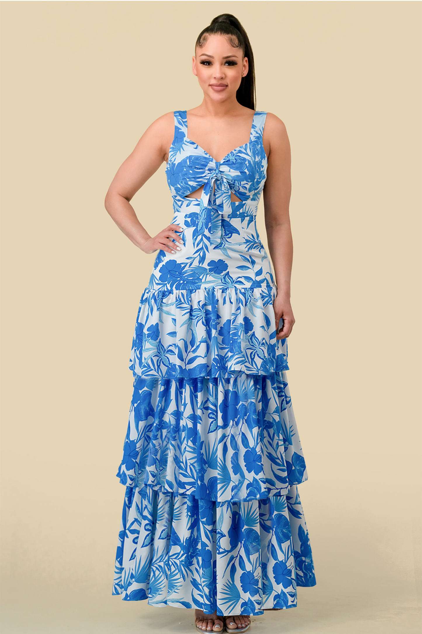 Long Sleeveless Printed Layer Maxi Dress