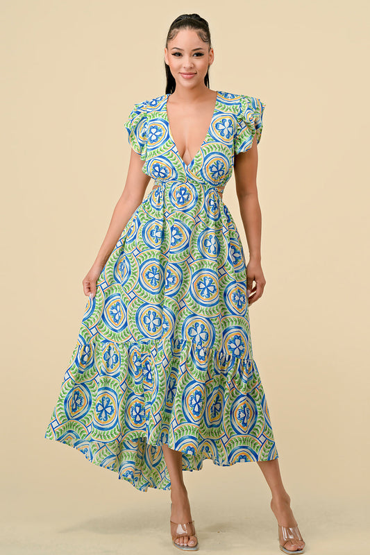 V Neck Waist Cutout Printed Midi Dress