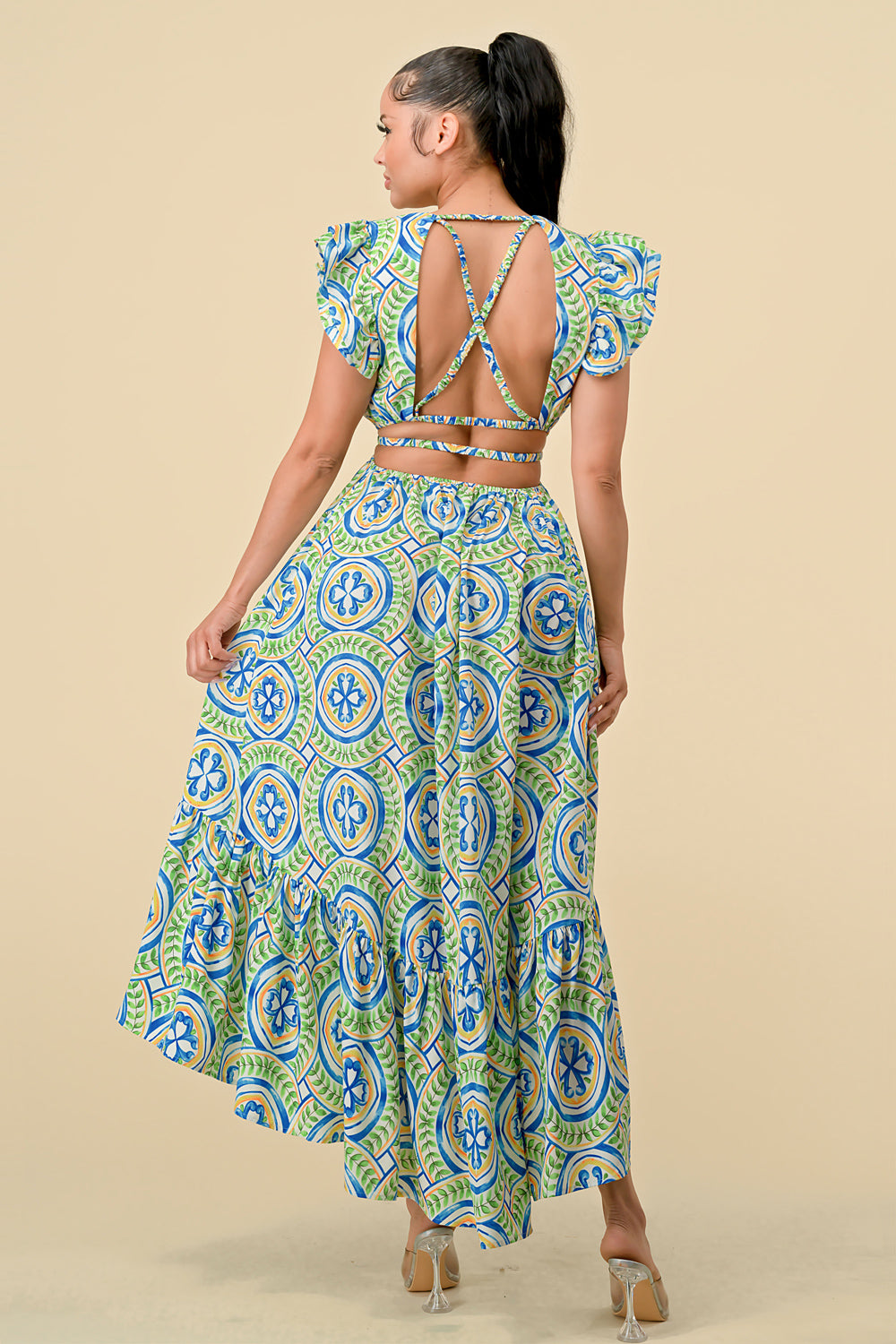 V Neck Waist Cutout Printed Midi Dress