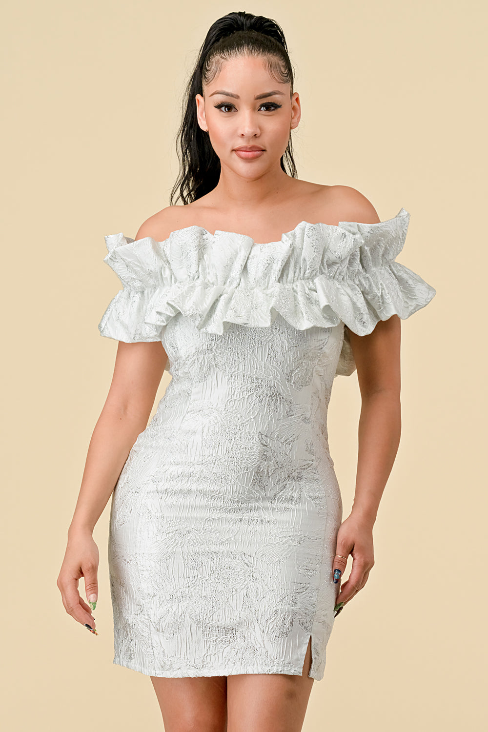 Short Off Shoulder Ruffle Jacquard Mini Dress