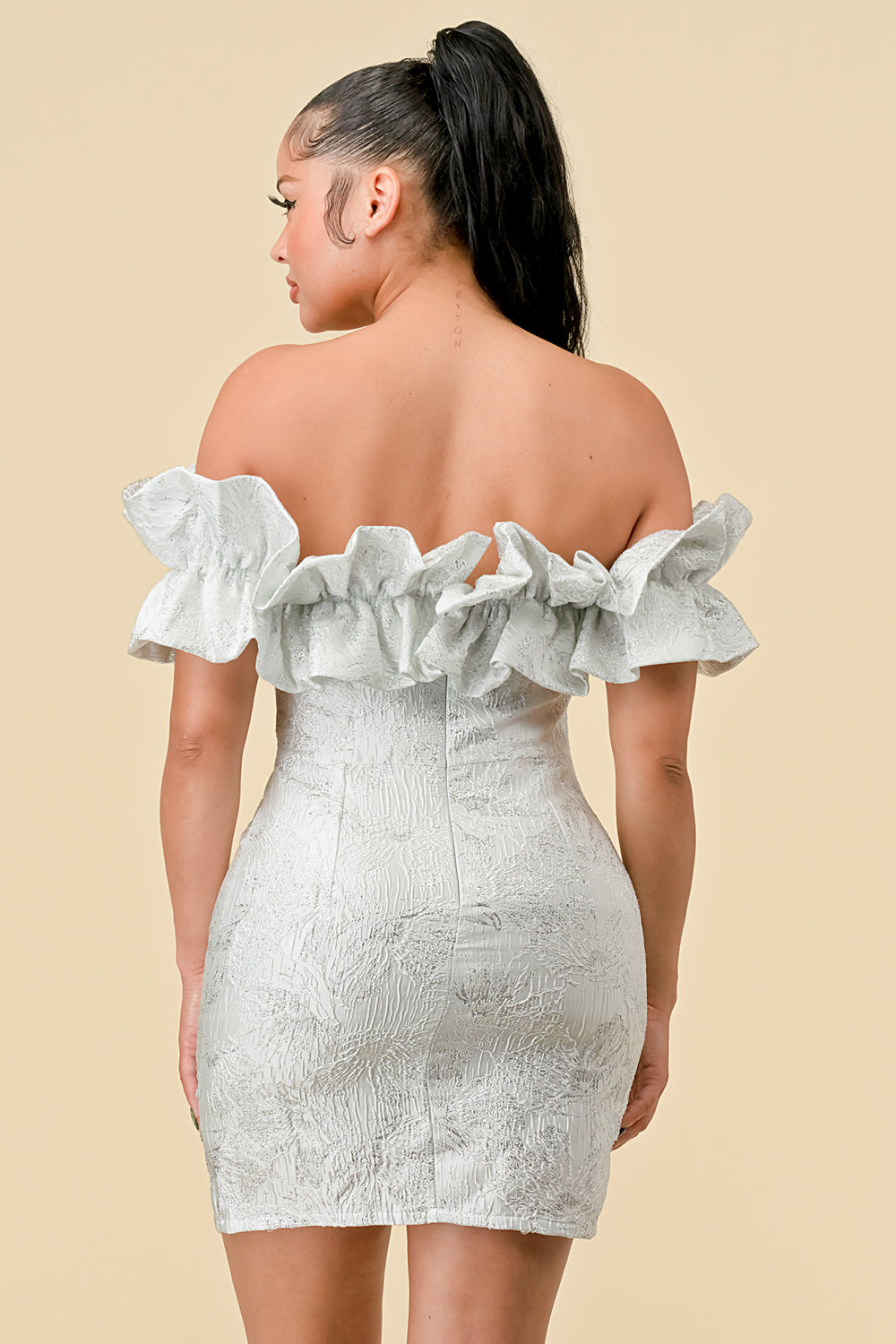 Short Off Shoulder Ruffle Jacquard Mini Dress