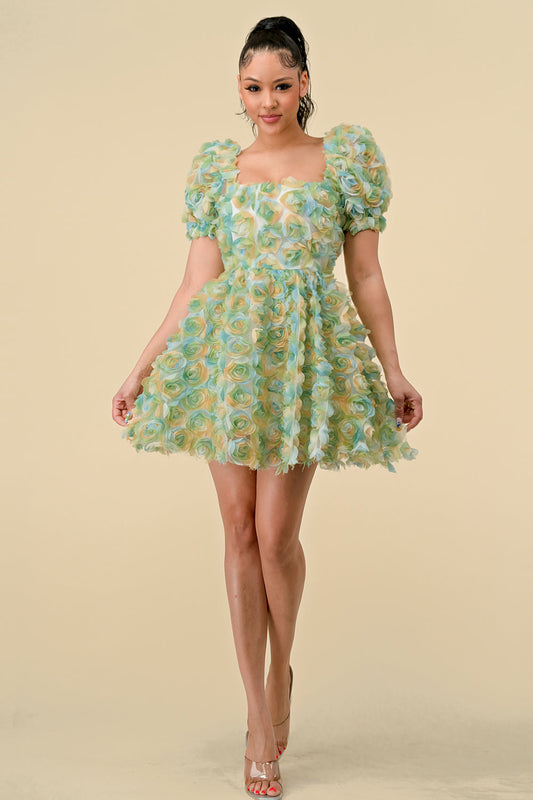 Short Puff Sleeve Chiffon 3D Flower Mini Dress