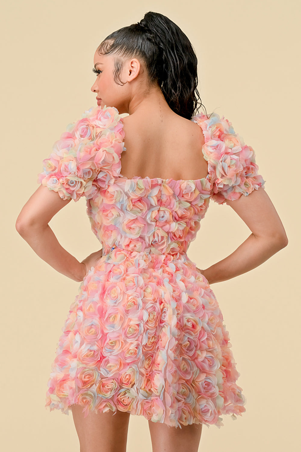 Short Puff Sleeve Chiffon 3D Flower Mini Dress