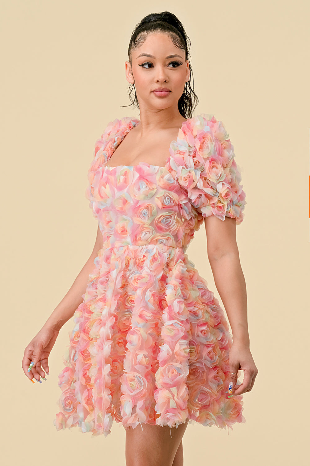 Short Puff Sleeve Chiffon 3D Flower Mini Dress