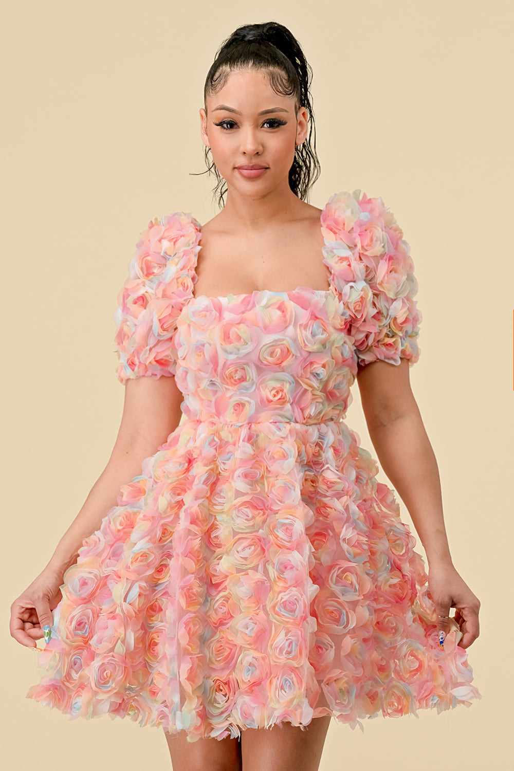 Short Puff Sleeve Chiffon 3D Flower Mini Dress