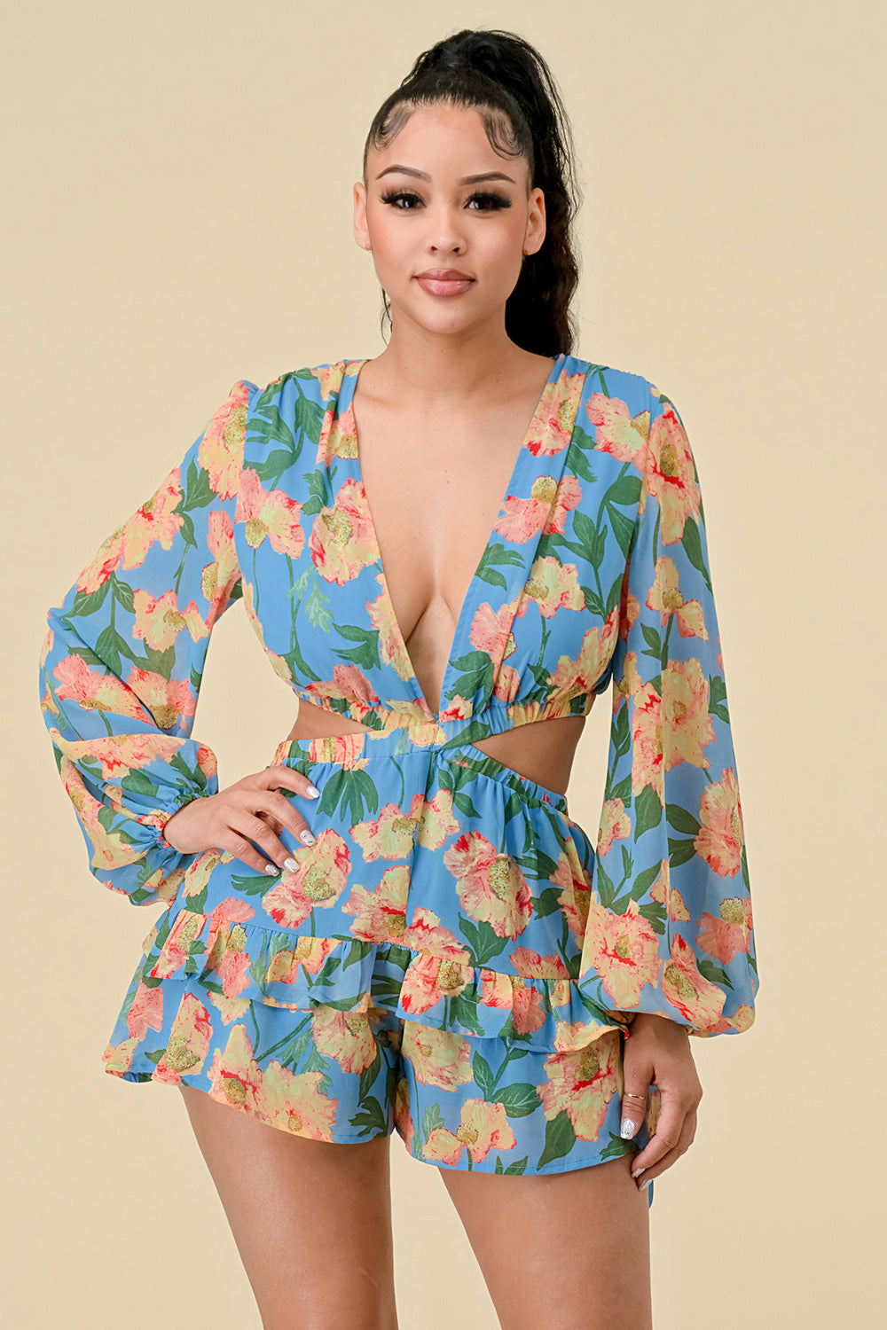 Long Sleeve Floral Print Mini Dress